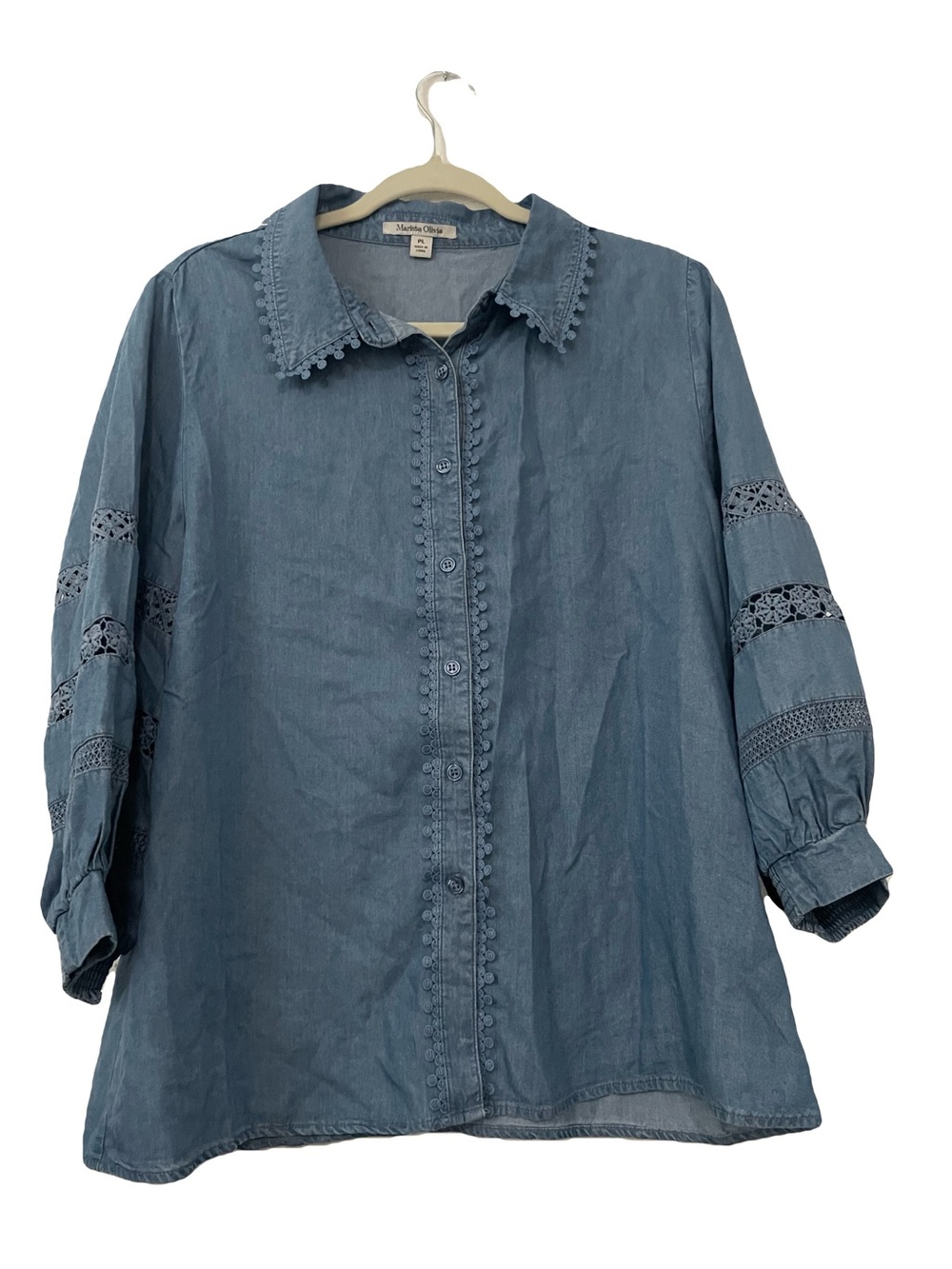 Denim-Blue Button Front Lace Sleeve Blouse